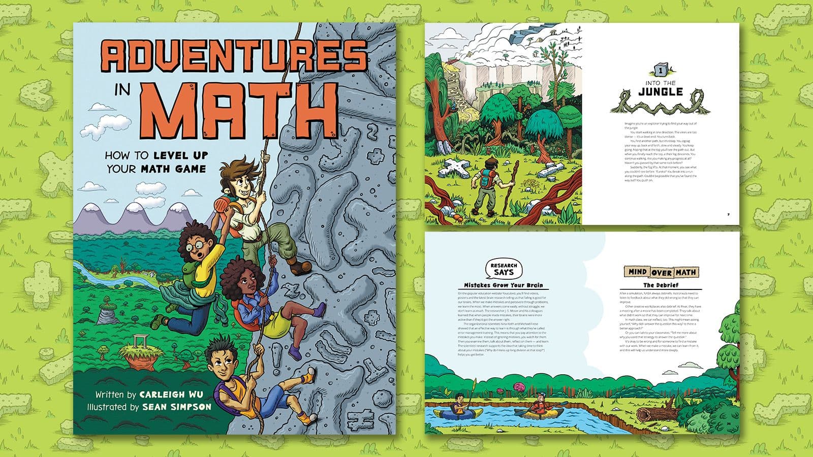 Book Cover for Adventures in Math as well as 2 sample-spreads.