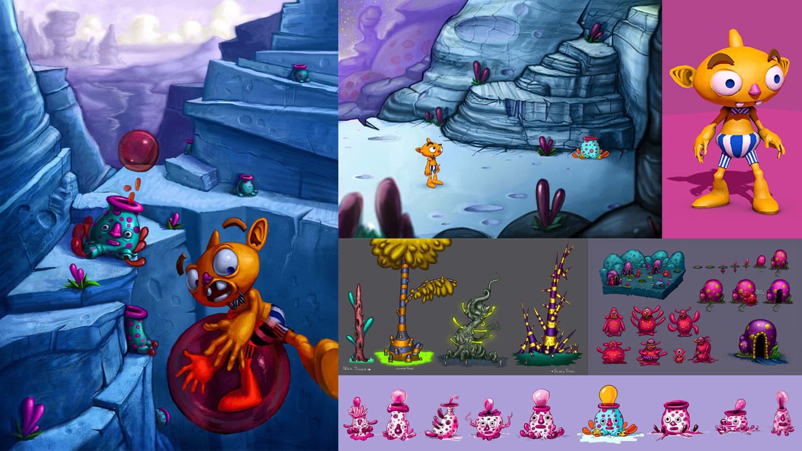 A montage of development work for Stranded on Planet Bloop