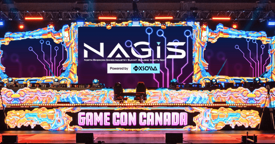 The NAGIS Powered by Xsolla logo displayed on a large screen above the Game Con Canada stage at Edmonton Expo Centre.