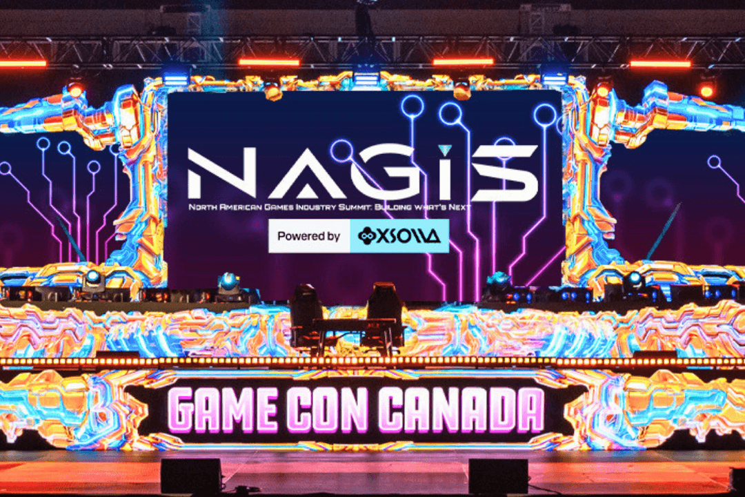 The NAGIS Powered by Xsolla logo displayed on a large screen above the Game Con Canada stage at Edmonton Expo Centre.